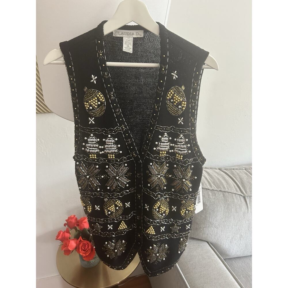 Claudia D Holiday Vest Womens M Black Knit Gold Bead Button Front Vintage